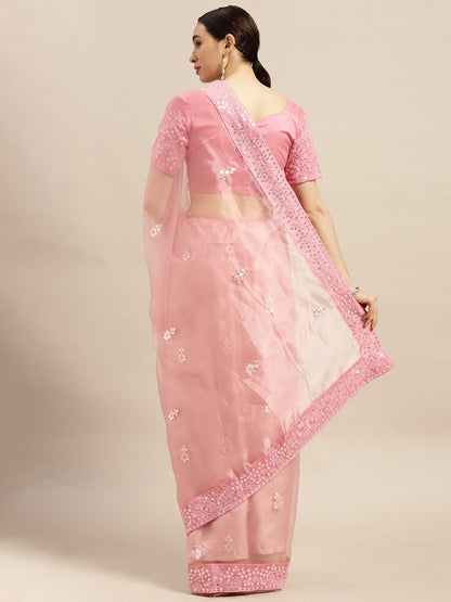 Women's Organza Pink Embroidered Designer Saree With Blouse Piece