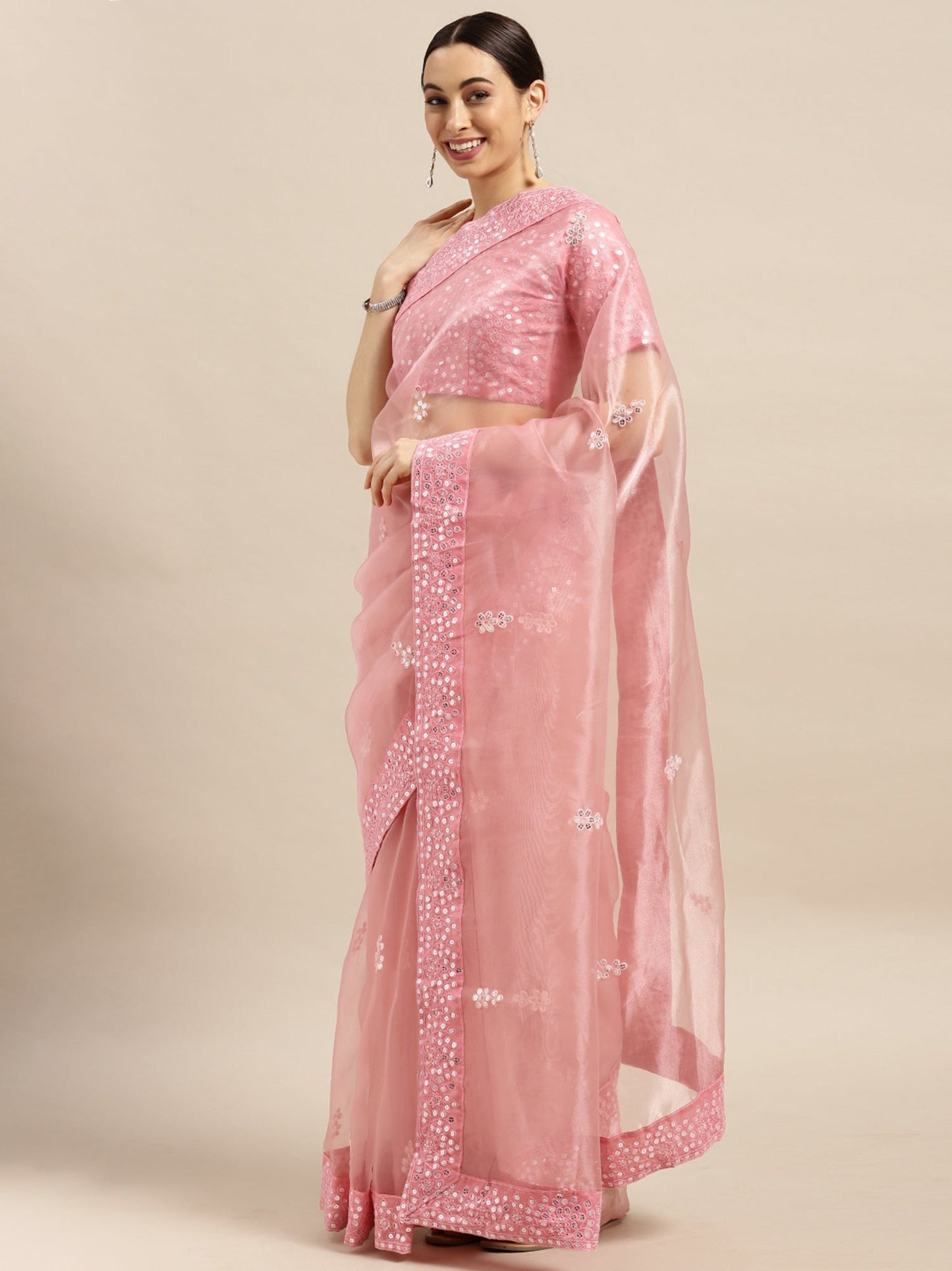 Women's Organza Pink Embroidered Designer Saree With Blouse Piece