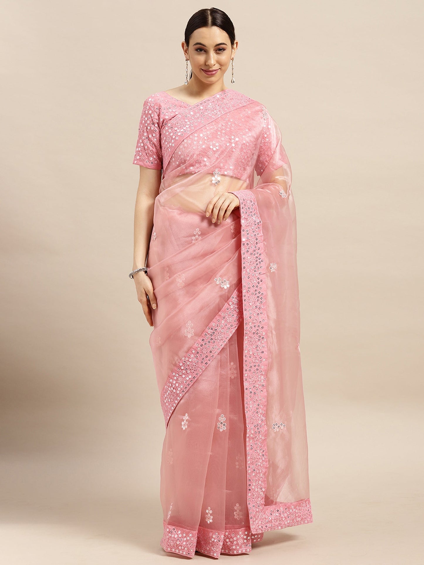 Women's Organza Pink Embroidered Designer Saree With Blouse Piece