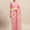 Women's Organza Pink Embroidered Designer Saree With Blouse Piece