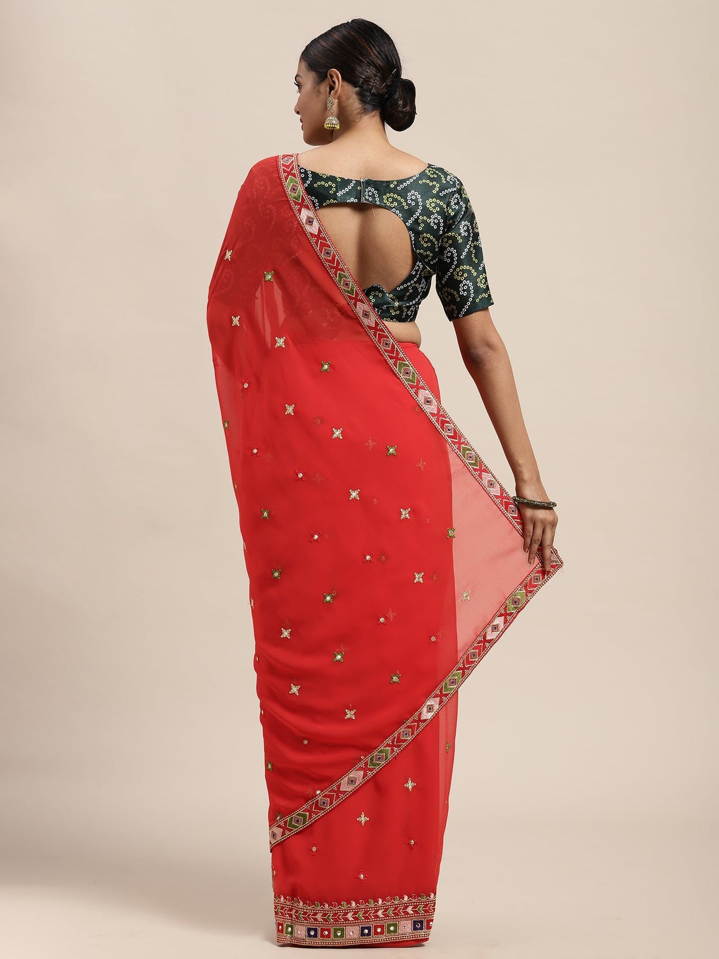 Women's Georgette Red Embroidered Designer Saree With Blouse Piece