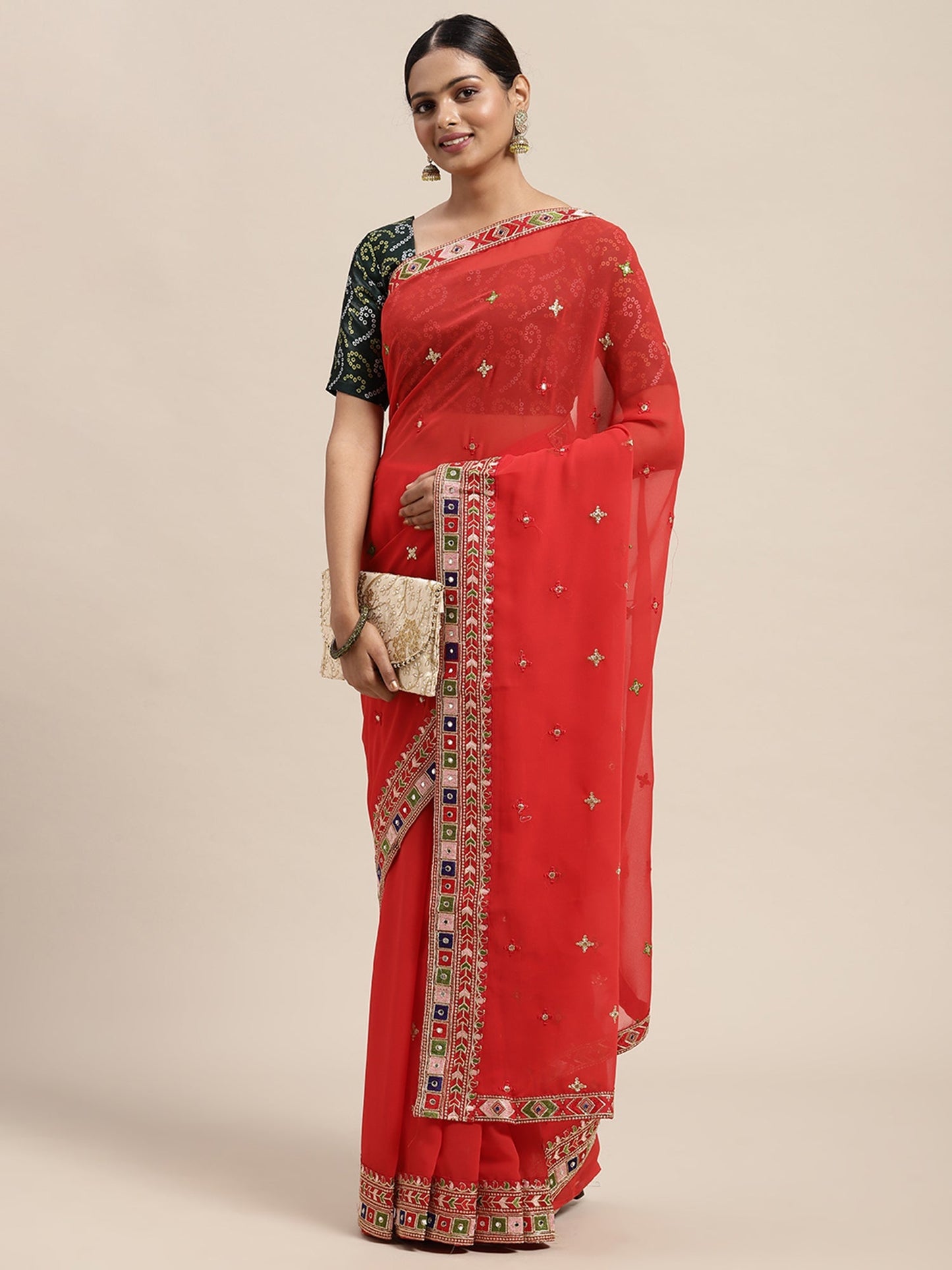 Women's Georgette Red Embroidered Designer Saree With Blouse Piece