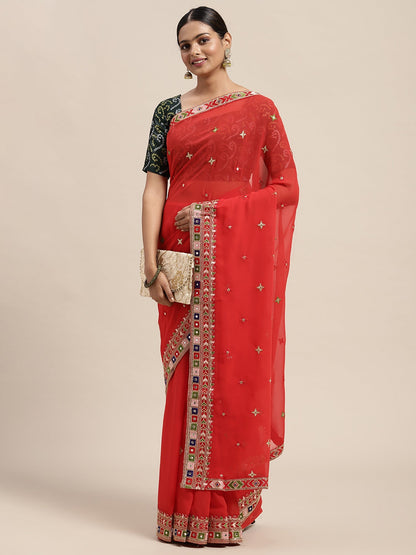 Women's Georgette Red Embroidered Designer Saree With Blouse Piece