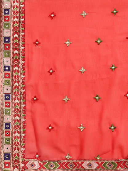 Women's Georgette Red Embroidered Designer Saree With Blouse Piece