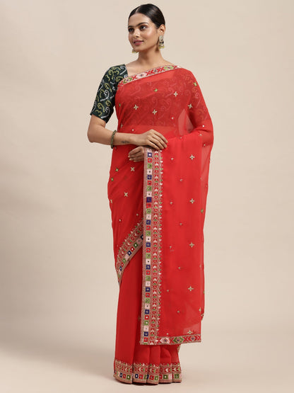Women's Georgette Red Embroidered Designer Saree With Blouse Piece