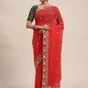 Women's Georgette Red Embroidered Designer Saree With Blouse Piece