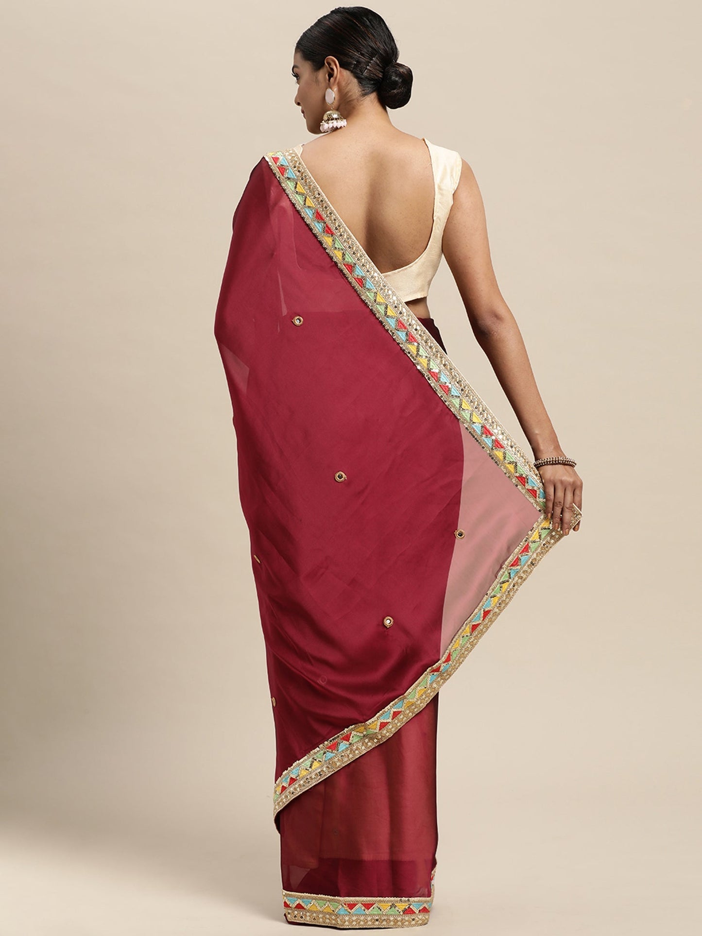 Women's Georgette Magenta Embroidered Designer Saree With Blouse Piece