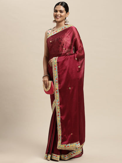 Women's Georgette Magenta Embroidered Designer Saree With Blouse Piece