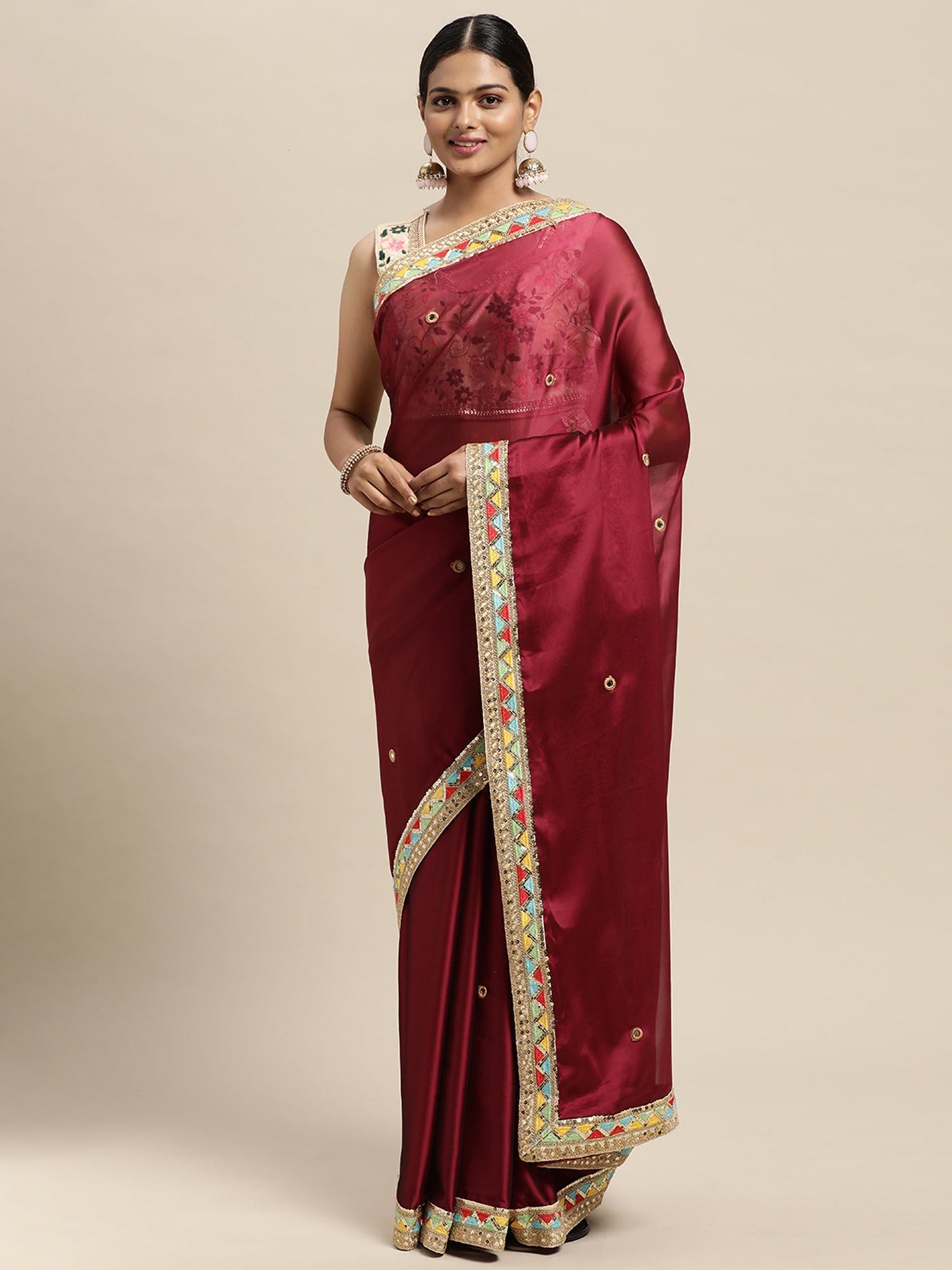 Women's Georgette Magenta Embroidered Designer Saree With Blouse Piece