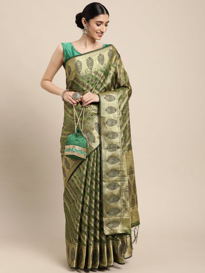 Indyancart GR Women's Natasha Olive Green Organza Saree