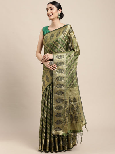 Indyancart GR Women's Natasha Olive Green Organza Saree