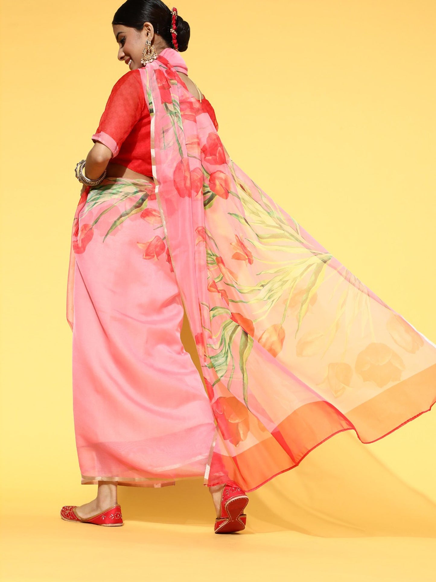Women's Organza Orange Printed Celebrity Saree With Blouse Piece