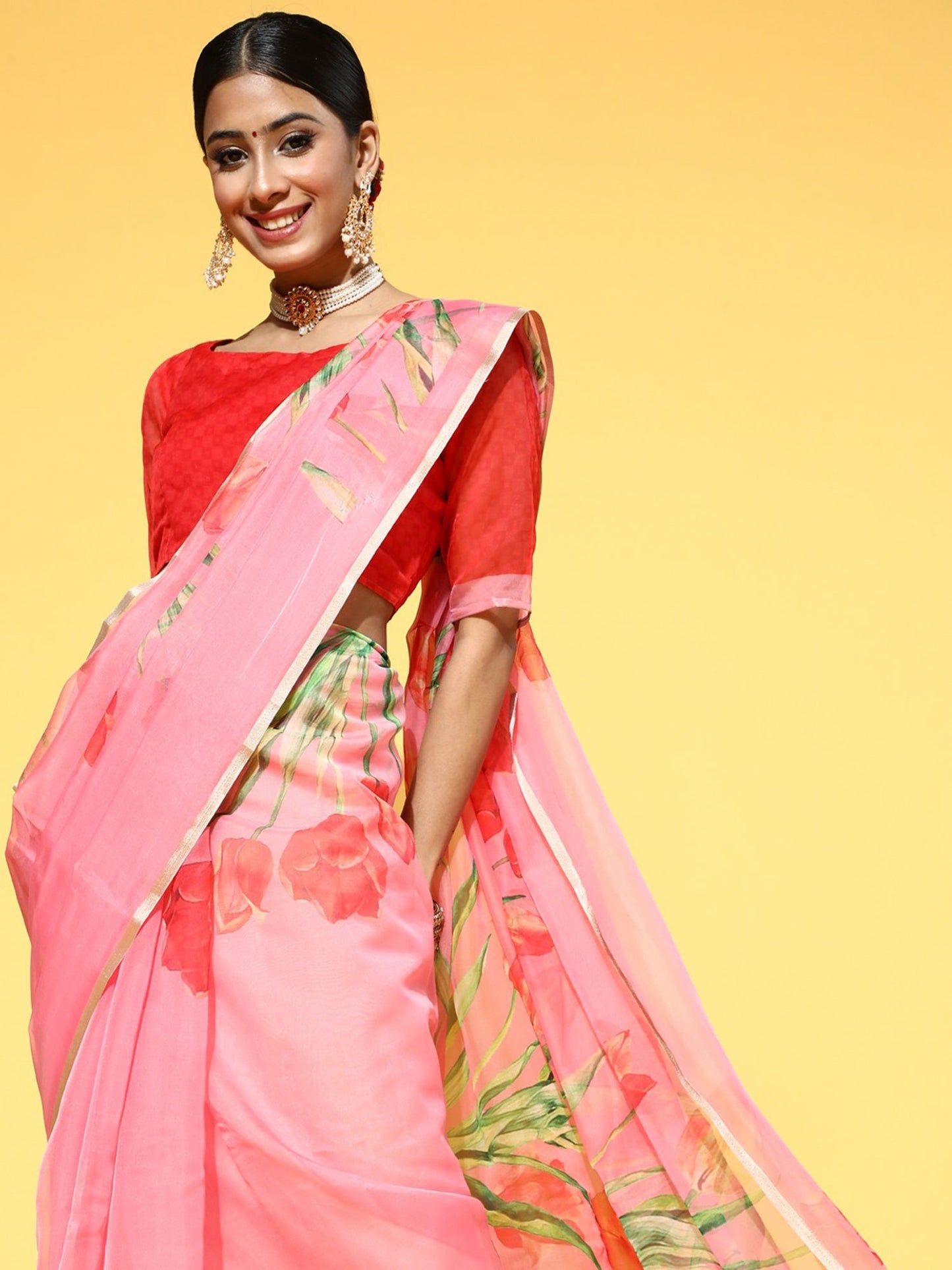 Women's Organza Orange Printed Celebrity Saree With Blouse Piece