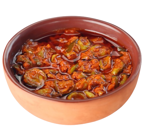 Jar of Godavari Vantillu North Indian Dondakaya Pickle with green bitter gourd slices and spices in a glass container.