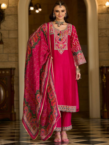 Ethnic Motifs Embroidered Notch Neck Thread Work Kurta With Trousers & Dupatta