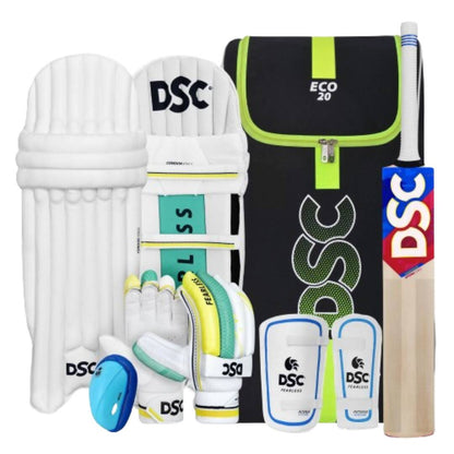 DSC Economy Kashmir Willow Cricket Kit Size 5 for kids, includes bat, ball, and protective gear in a sports games set.