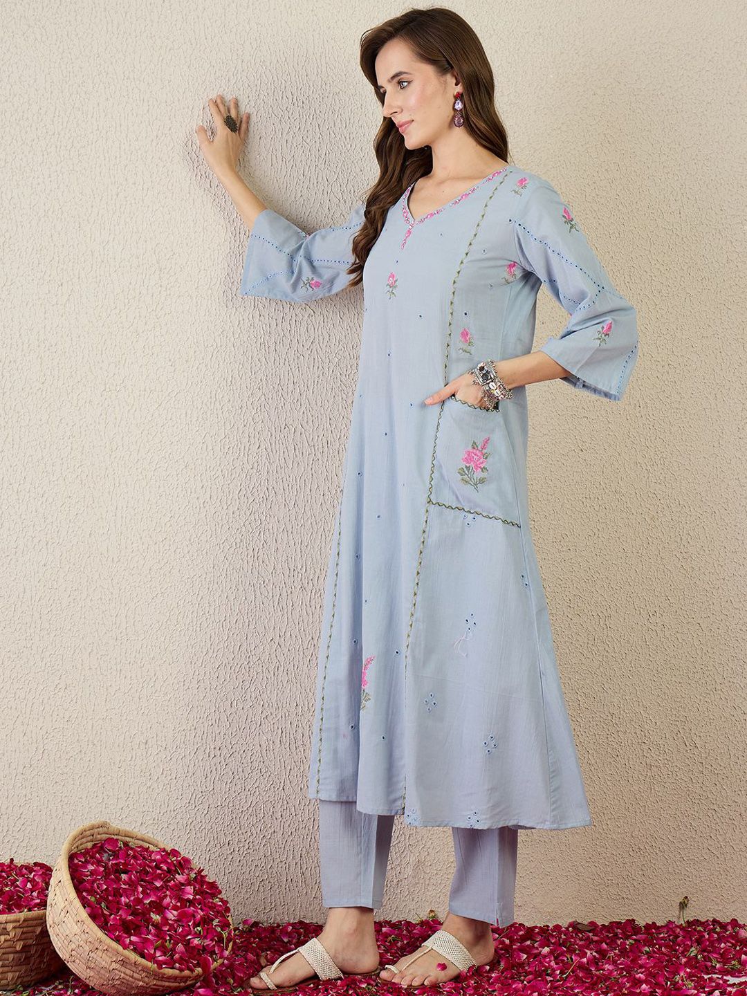 Dhiyona IE Embroidered Cotton V Neck Top With Trousers Co-Ords