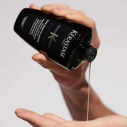 Kerastase Densifique Bain Densité Homme dry shampoo bottle with sleek design and label showing product details.