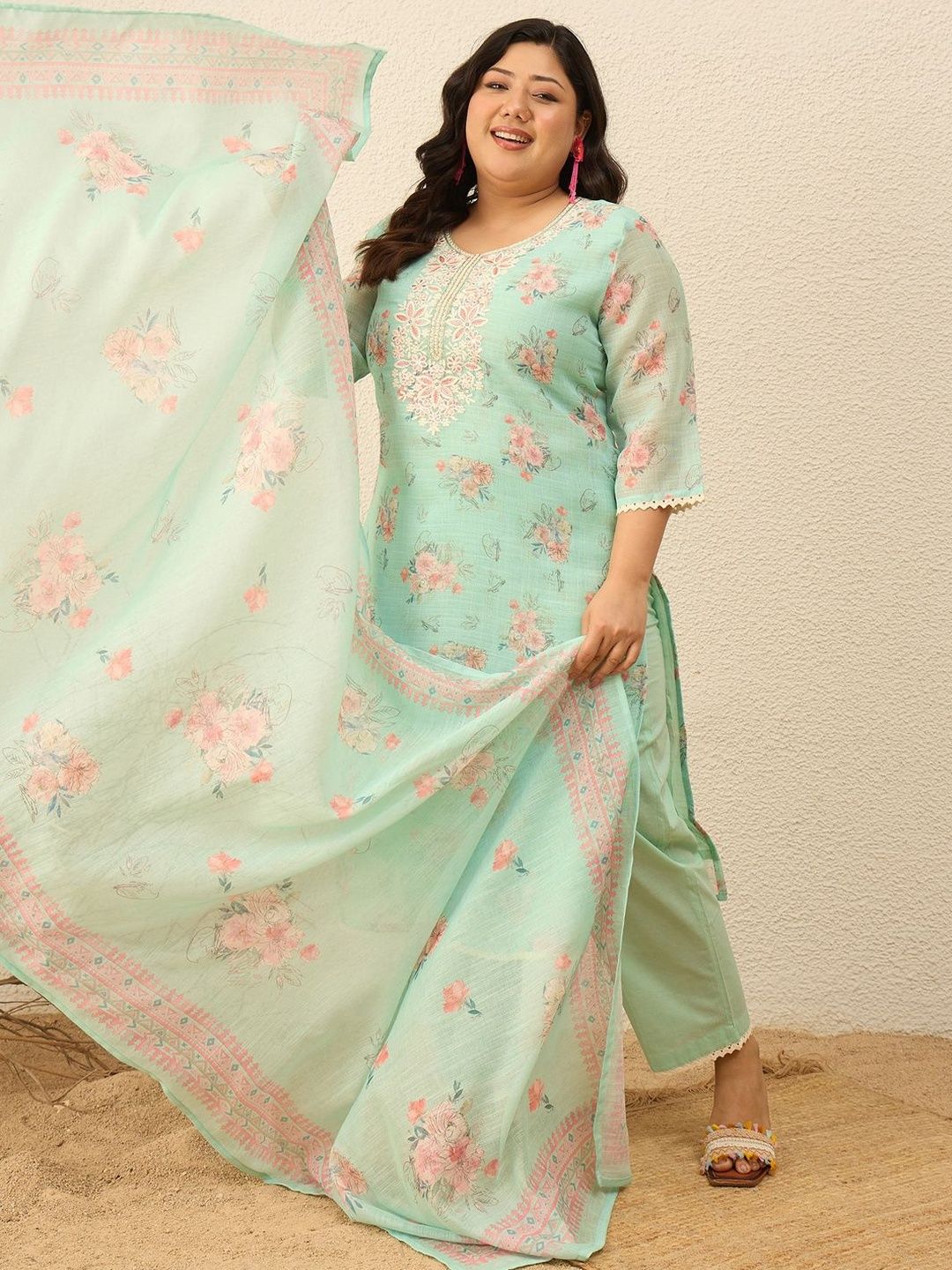 Indyancart Women's Floral Embroidered Regular Gotta Patti Kurta with Trousers & With Dupatta
