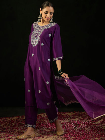 Indyancart IE Purple Floral Embroidered Straight Kurta with Trousers & Dupatta
