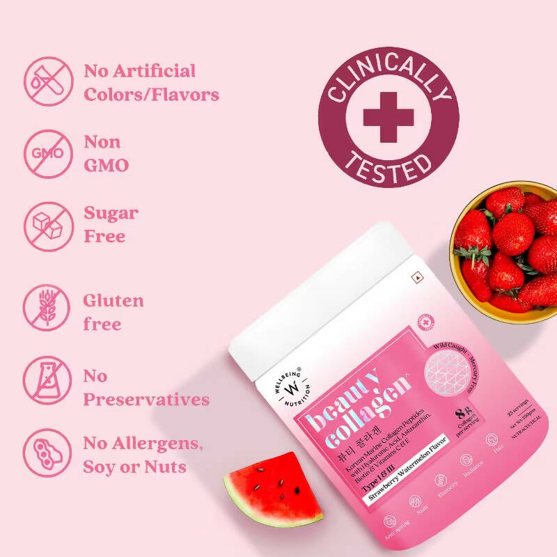 Wellbeing Nutrition Beauty Korean Marine Collagen Peptides - Strawberry & Watermelon - Indyancart