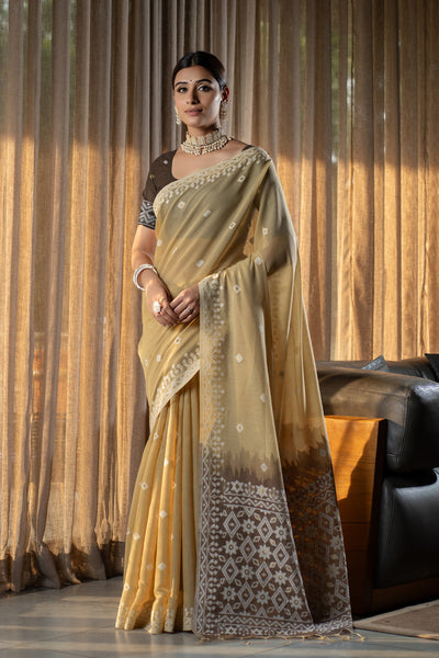Indyancart GR Women's Nithya Latte Beige Mulmul Cotton Jamdani Saree