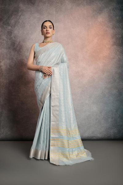 Indyancart GR Women's Celeste Blue Soft Mulberry Tissue Cotton Saree