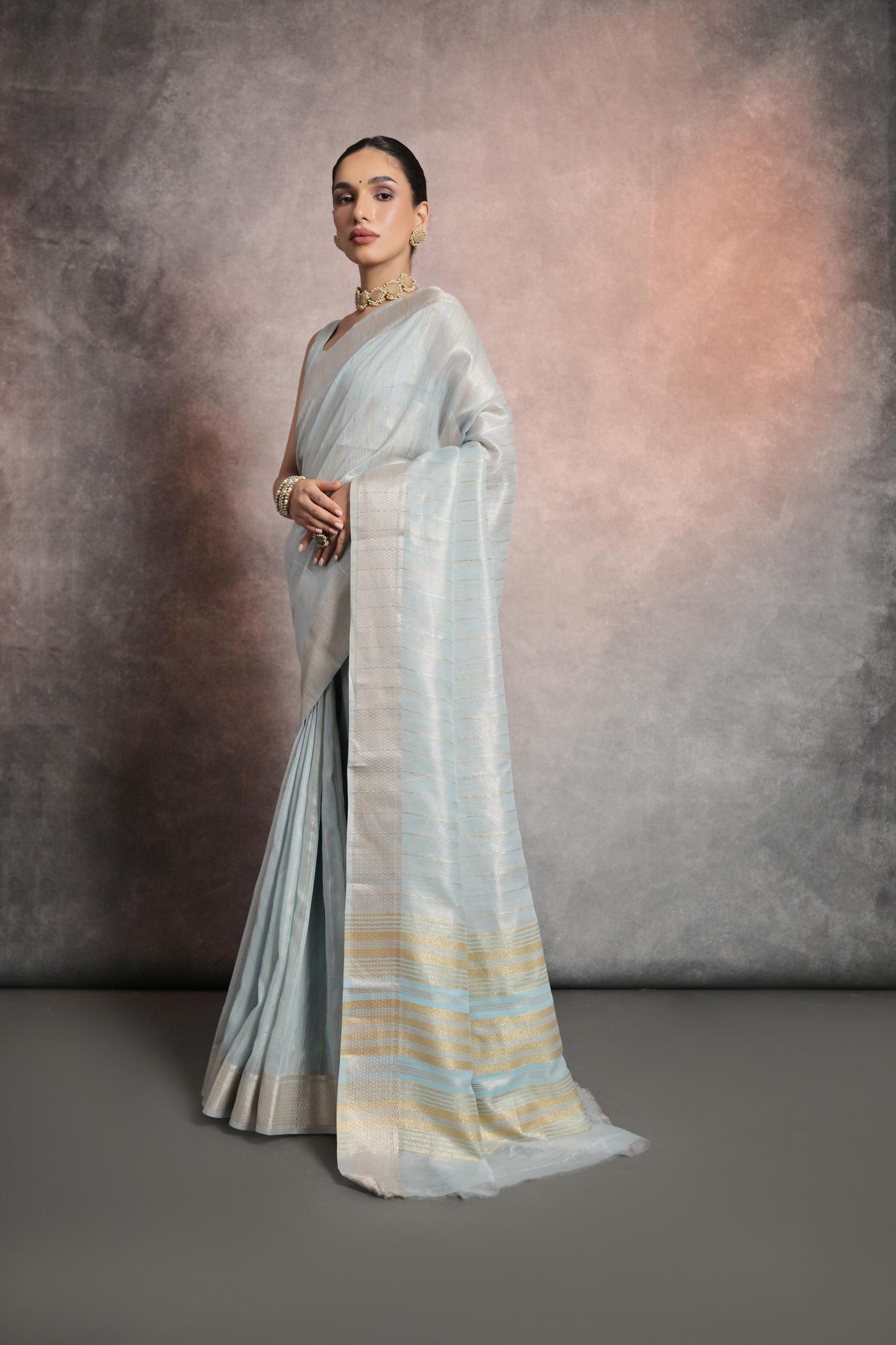 Dhiyona GR Women's Celeste Blue Soft Mulberry Tissue Cotton Saree
