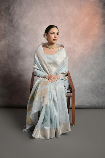 Dhiyona GR Women's Celeste Blue Soft Mulberry Tissue Cotton Saree
