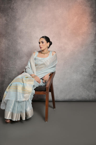 Indyancart GR Women's Celeste Blue Soft Mulberry Tissue Cotton Saree