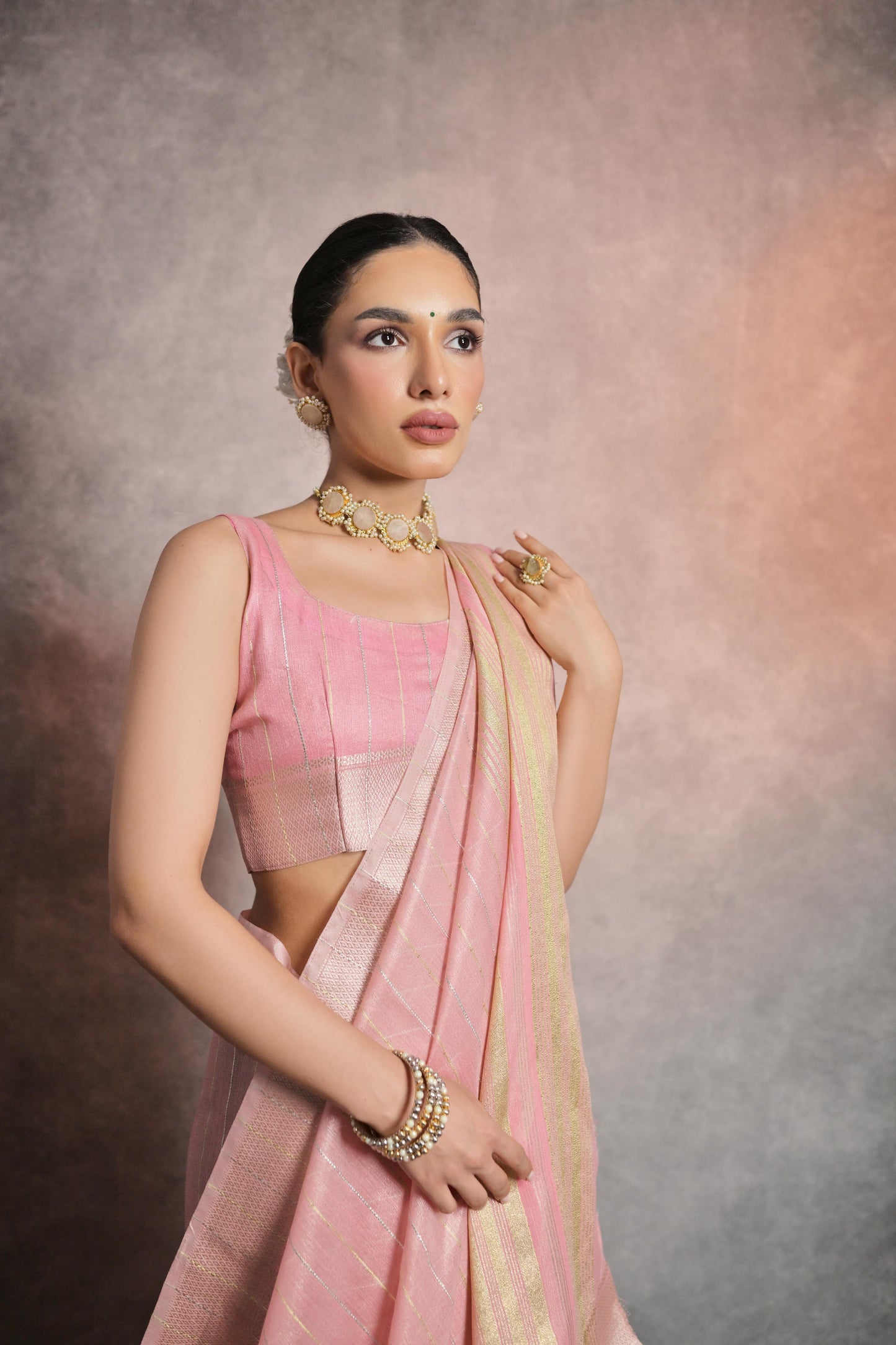 Dhiyona GR Women's Dainty Pink Soft Mulberry Tissue Cotton Saree