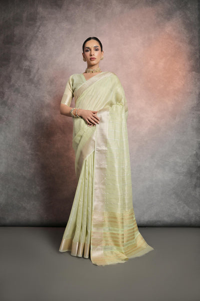 Indyancart GR Women's Pista Green Soft Mulberry Tissue Cotton Saree
