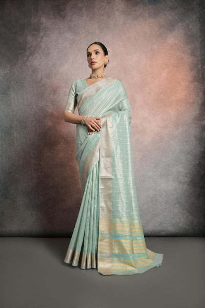 Indyancart GR Women's Sea Green Soft Mulberry Tissue Cotton Saree