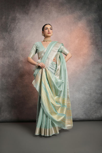 Indyancart GR Women's Sea Green Soft Mulberry Tissue Cotton Saree