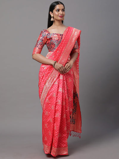 Women's Silk Blend Pink Woven Design Woven saree With Blouse Piece