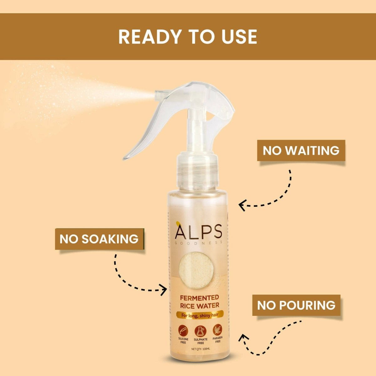 Alps Goodness fermented rice water face toner bottle with label, for hair and skin care, in a clear bottle with a white cap
