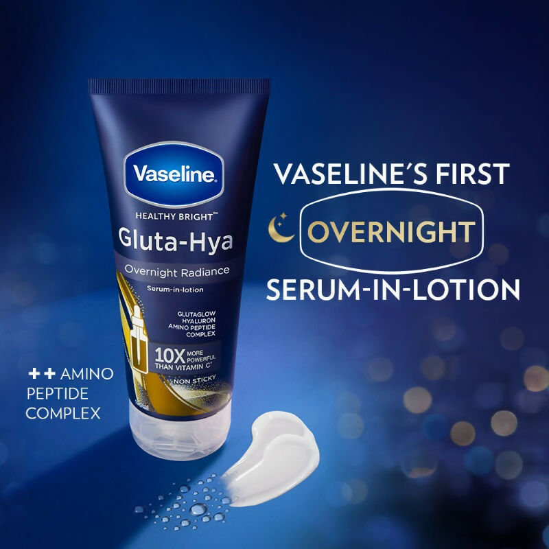 Vaseline Gluta-Hya Flawless Glow and Overnight Radiance Body Lotions, featuring sleek bottles with vibrant labels and smooth lotion textures.