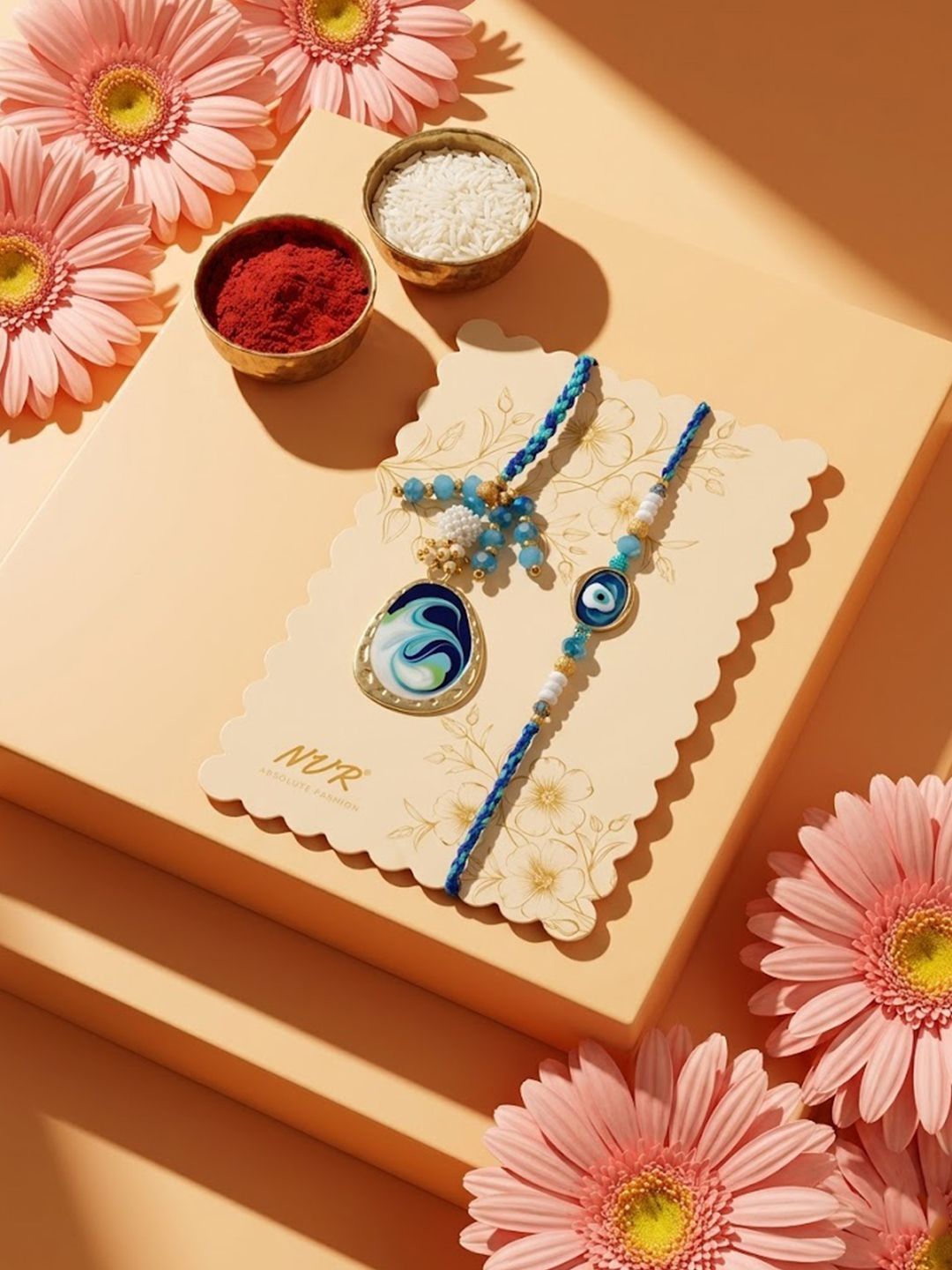 Anouk Set Of 2 Blue Evil Eye Traditional Gold Toned Bhaiya Bhabhi Rakhi With Roli Chawal