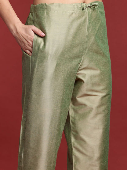 Indyancart IE Floral Embroidered Mandarin Collar Straight Tunic And Trousers