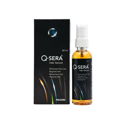 QSERA Hair Serum for Hair Fall Control showing a sleek bottle with dropper applicator, designed to strengthen and nourish hair.