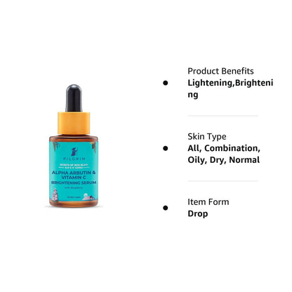 Pilgrim brightening face serum with 2% alpha arbutin and 3% vitamin C for glowing skin, displayed in a clear bottle with dropper.