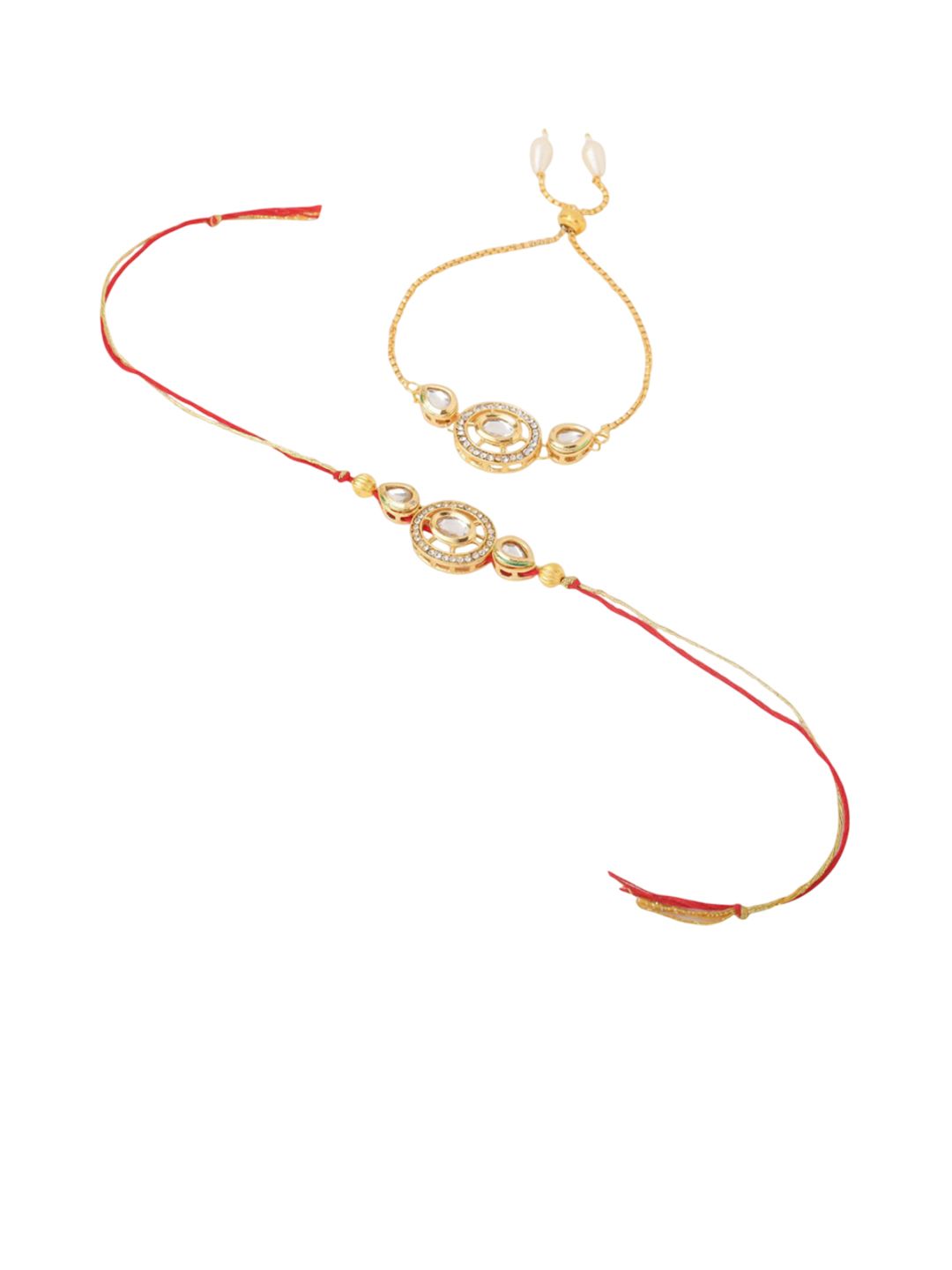 Anouk Set Of 2 Gold Toned Kundan Bhaiya Bhabhi Rakhi With Roli Chawal Chandan Mishri
