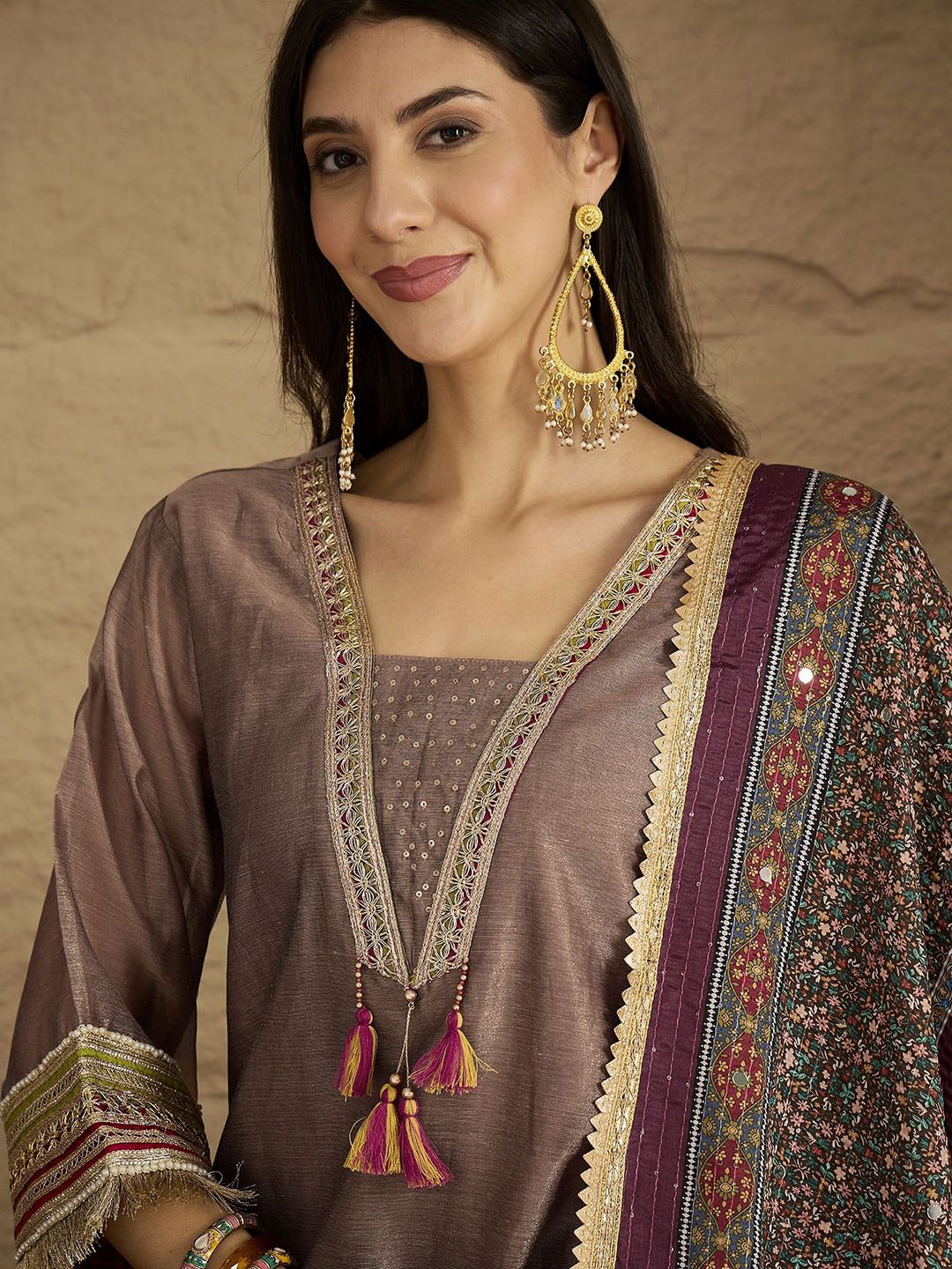 Indyancart VA Ethnic Motifs Yoke Design V-Neck Straight Kurta With Palazzos & Dupatta