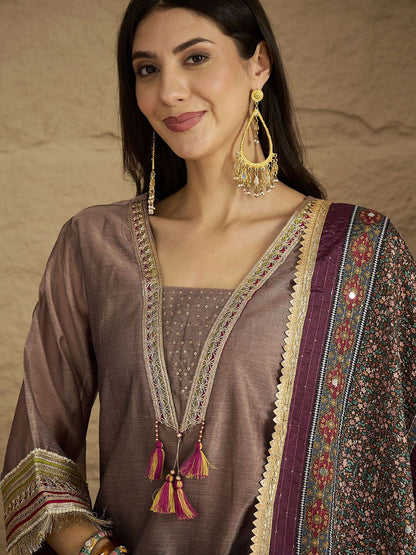 Indyancart VA Ethnic Motifs Yoke Design V-Neck Straight Kurta With Palazzos & Dupatta