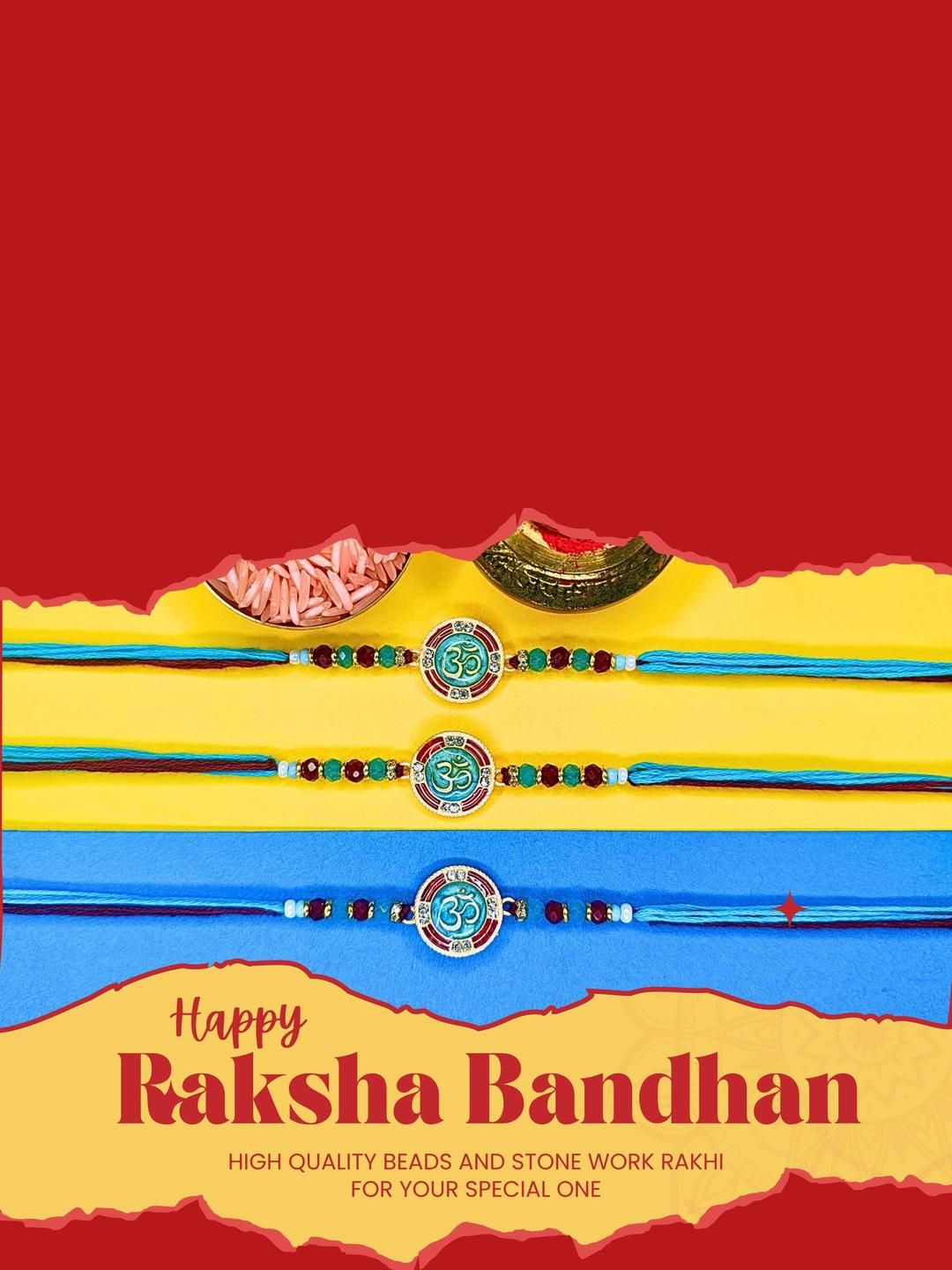 Anouk Set Of 3 Beaded Cotton Thread with AD Stones & Meenakari Designer Rakhi for Brother