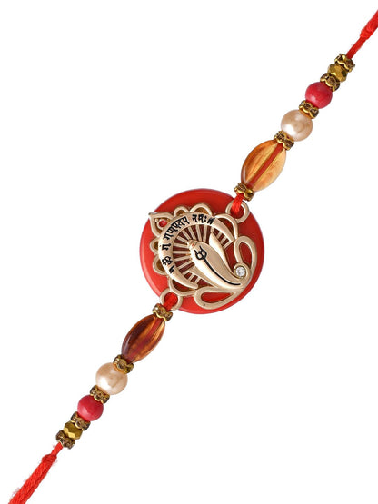 Anouk Red Resin-Based Ganesha Rakhi With Roli Chawal & Greeting Card