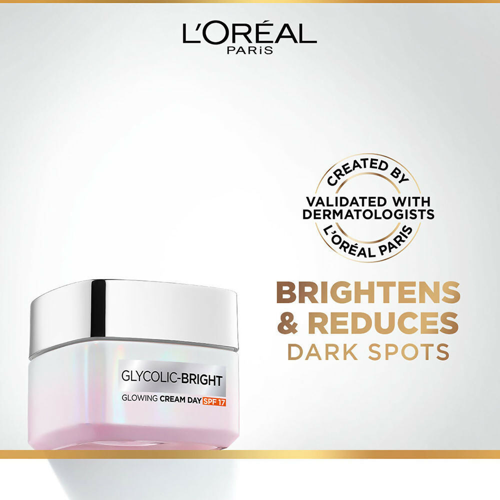 L'Oreal Paris sunscreen from Glycolic Acid Glowing and Protecting skincare kit, with SPF protection and lightweight formula.
