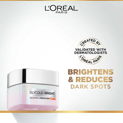 L'Oreal Paris sunscreen from Glycolic Acid Glowing and Protecting skincare kit, with SPF protection and lightweight formula.