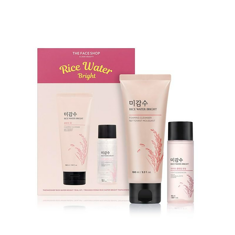The Face Shop 2 Step Rice Water Bright Kit with face wash and skincare products arranged on a white background.