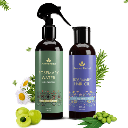 Avimee Herbal Rosemary Hair Care Routine Combo with rosemary water spray and rosemary hair oil, natural hair treatment products.